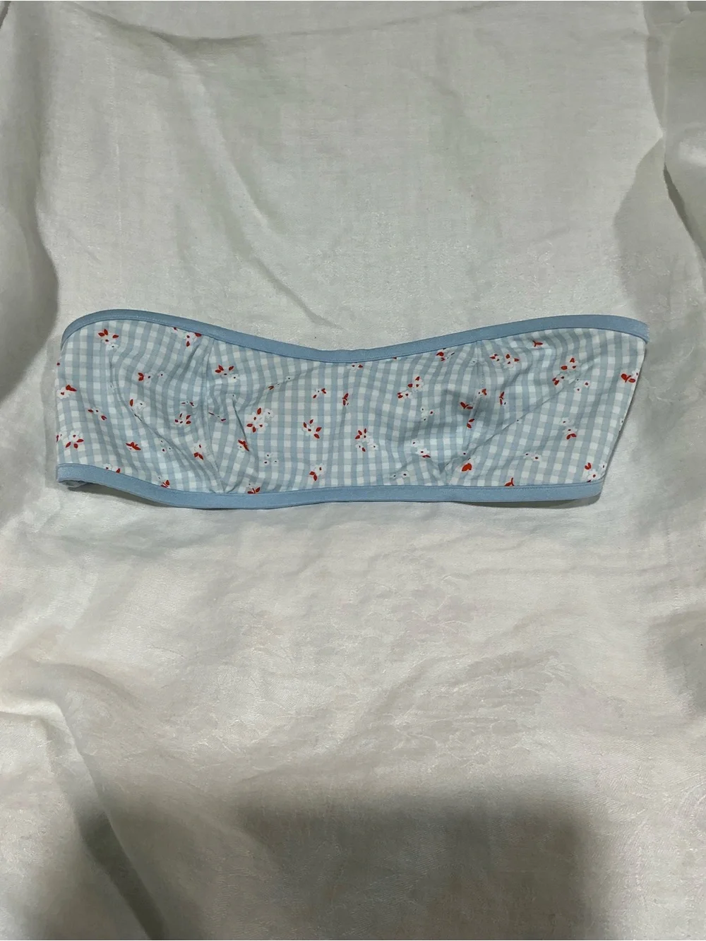🤎 NWT Pink by Frankies Bikinis Monty Bikini Top Blue Gingham Floral Print Large